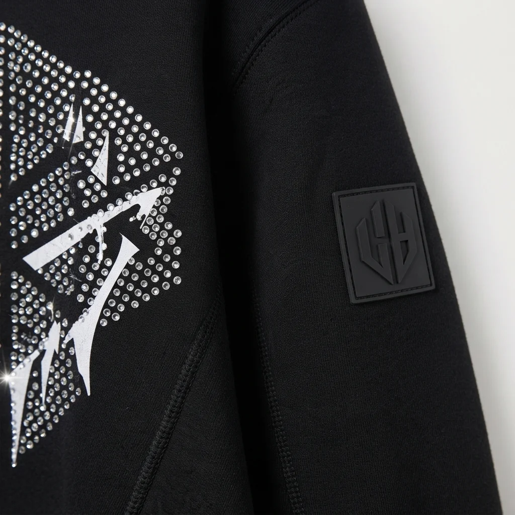 Custom Black Zip Hoodie Fleece Rhinestone Discharge Print Streetwear OEM/ODM manufacturing detail 4