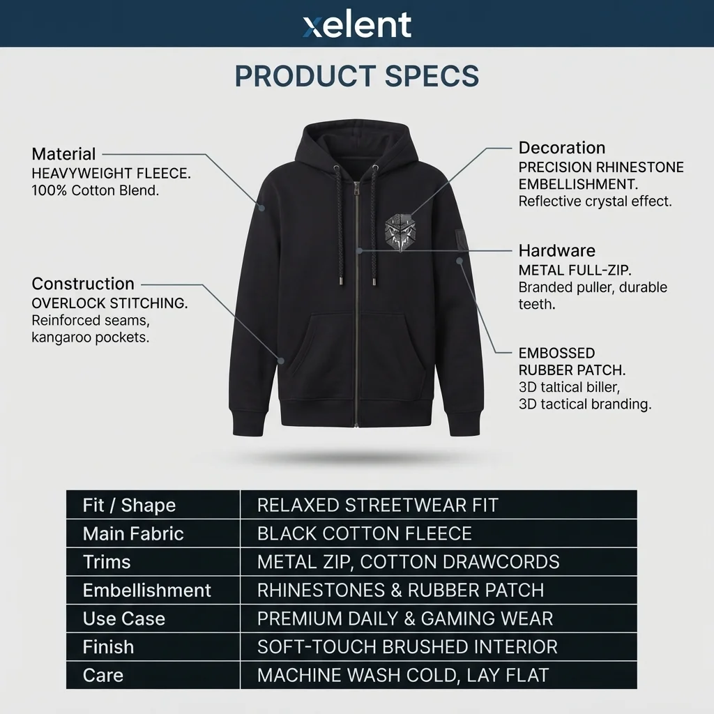 Custom Black Zip Hoodie Fleece Rhinestone Discharge Print Streetwear OEM/ODM manufacturing detail 5