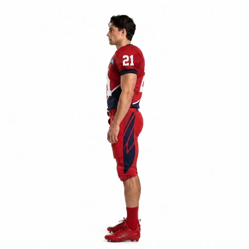 Custom 100% Polyester Mesh American Football Uniform Red Color Rush Youth High School Football Jersey and Pants OEM manufacturing detail 3