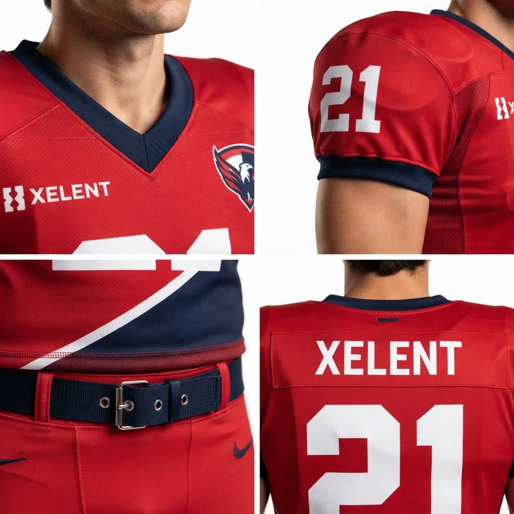 Custom 100% Polyester Mesh American Football Uniform Red Color Rush Youth High School Football Jersey and Pants OEM manufacturing detail 4