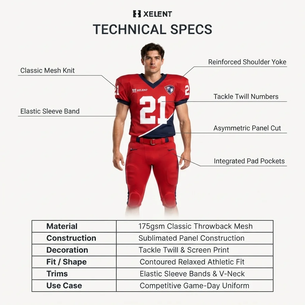 Custom 100% Polyester Mesh American Football Uniform Red Color Rush Youth High School Football Jersey and Pants OEM manufacturing detail 5