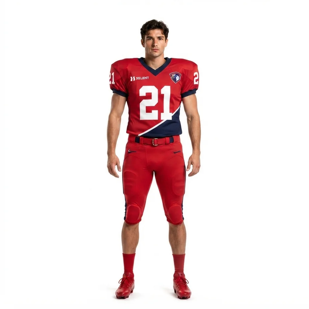 Custom 100% Polyester Mesh American Football Uniform Red Color Rush Youth High School Football Jersey and Pants OEM - Custom Apparel Manufacturer Sialkot Pakistan